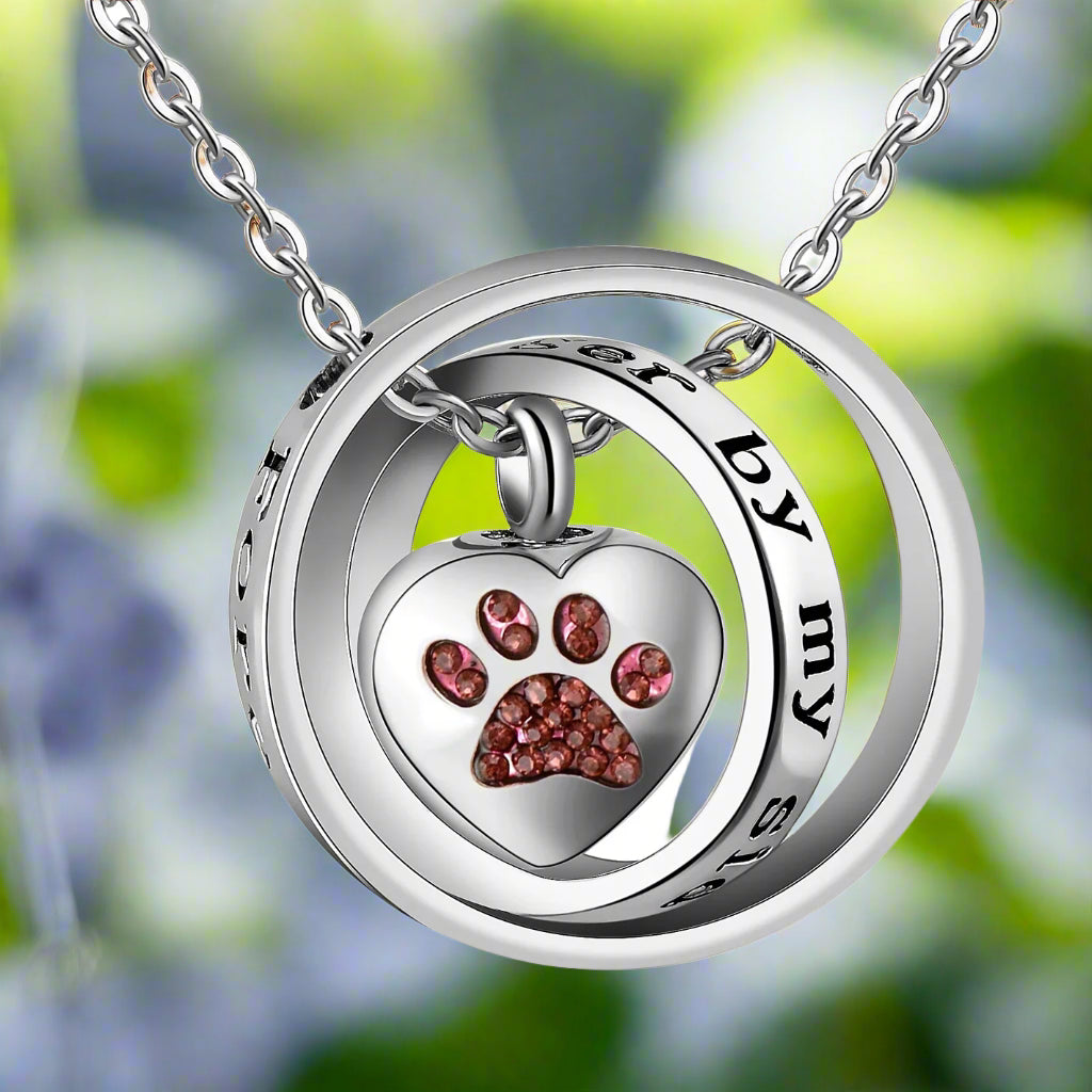 "no Longer by My Side, Forever in My Heart" – Stainless Steel Urn Paw Necklace