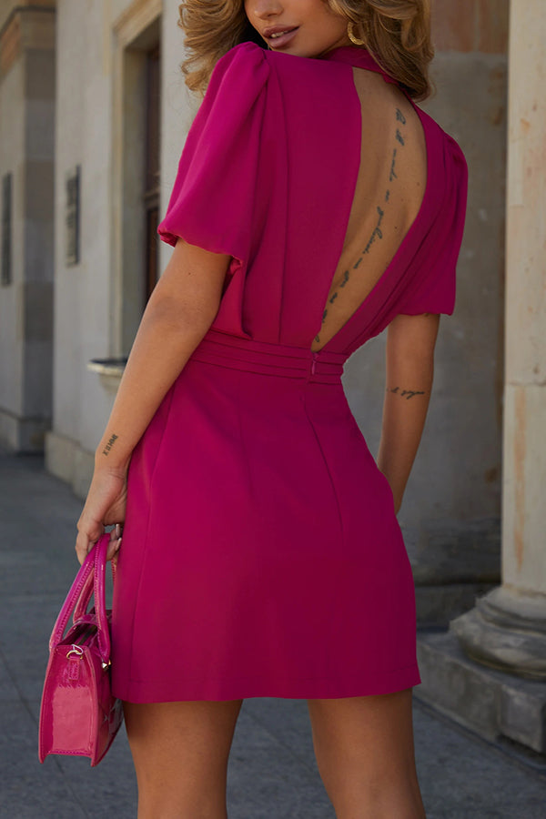 Sweet Surprise Puff Sleeve Rose Ruffles Detail Waist Backless Mini Dress