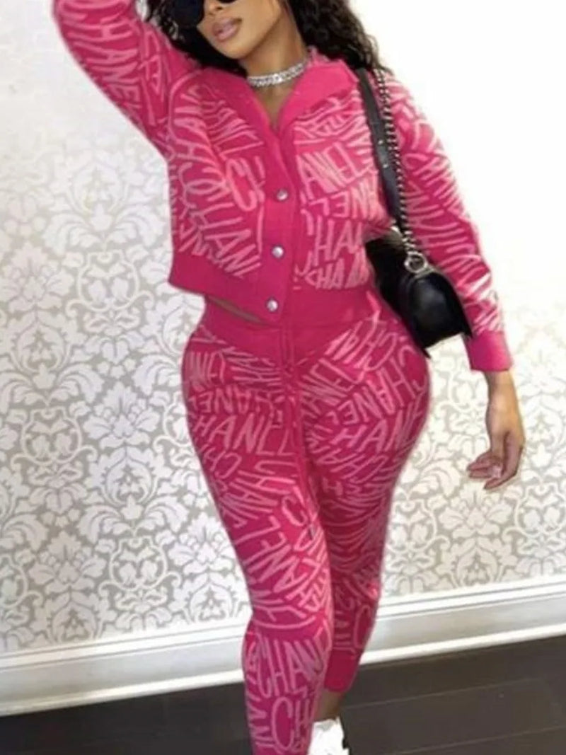 Hooded Collar Letter Print Pants Set Long Sleeve Crop Top Drawstring Trousers Two Piece for