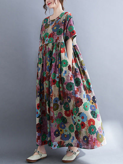 Loose Multi-colored Printed Midi Dress