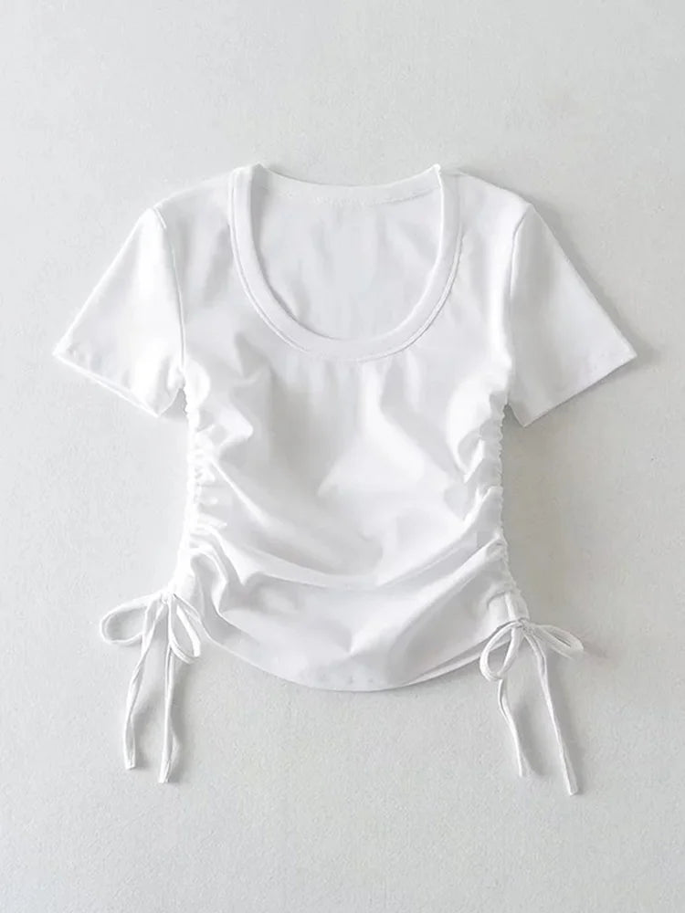 Slim ’s Crop Tops Summer Short Sleeved Crewneck Side Drawstring Bottoming Shirt T-shirt Top