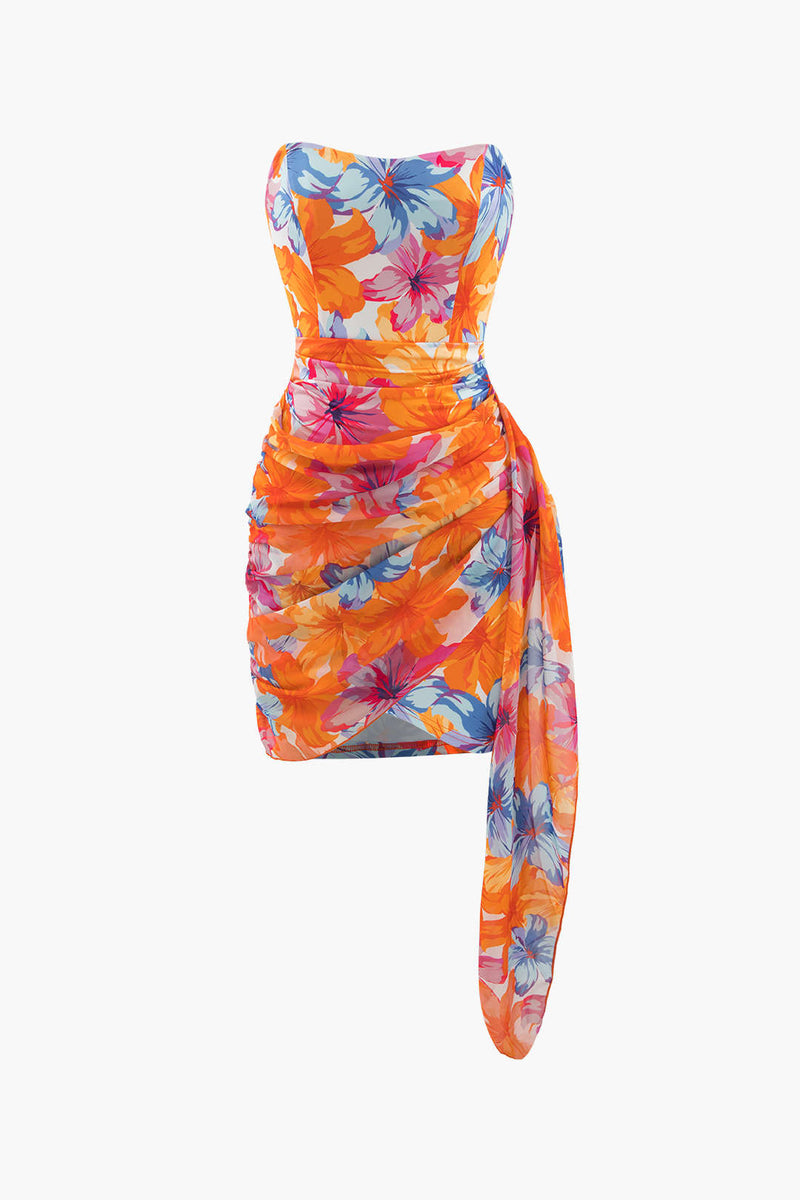 Print Wrap Ruched Strapless Slim Mini Dress