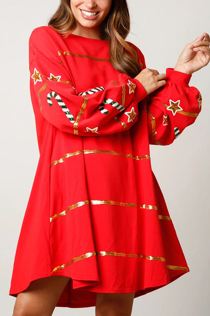 Christmas Candy Sequin Loose Long Sleeve Mini Dress