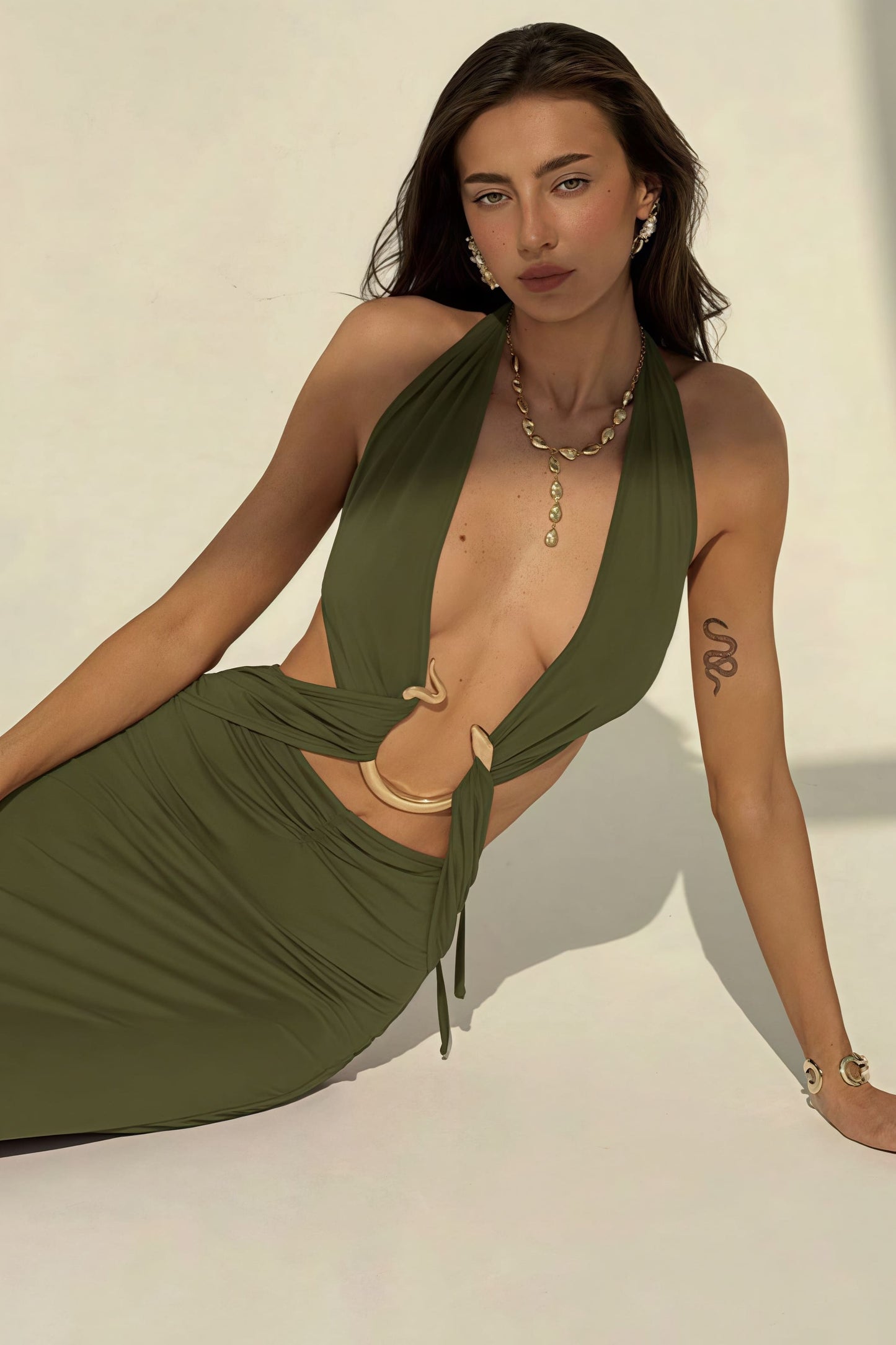 Halter Deep V Neck Backless Metal Maxi Dress