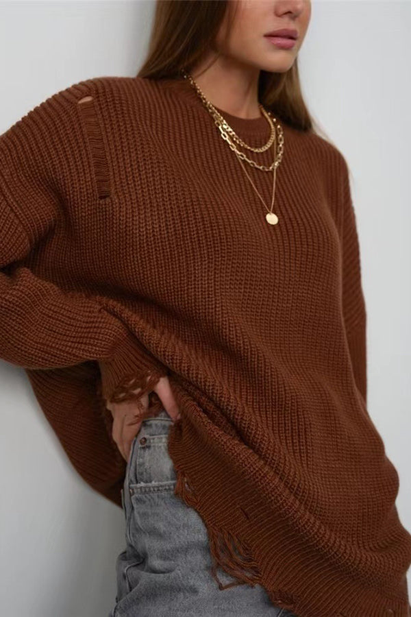 Color Loose Ripped Knitted Mid-length Sweater
