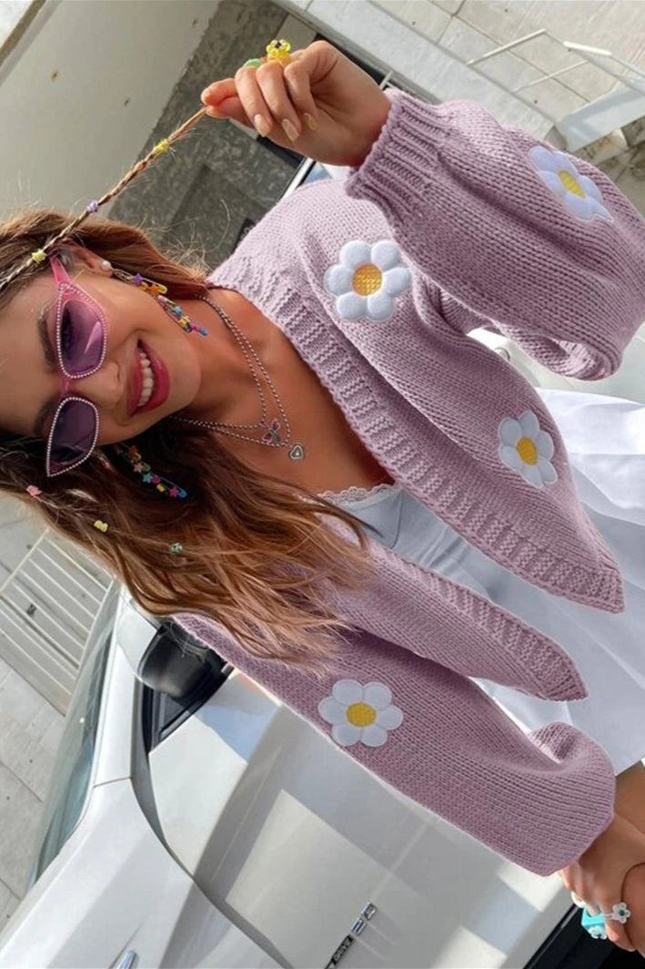 Sweet Pattern Loose Cropped Knit Cardigan