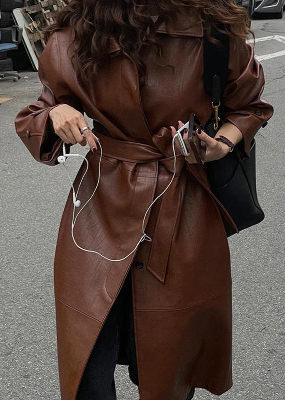 Brown Belted Leather Trench Coat - Single-breasted