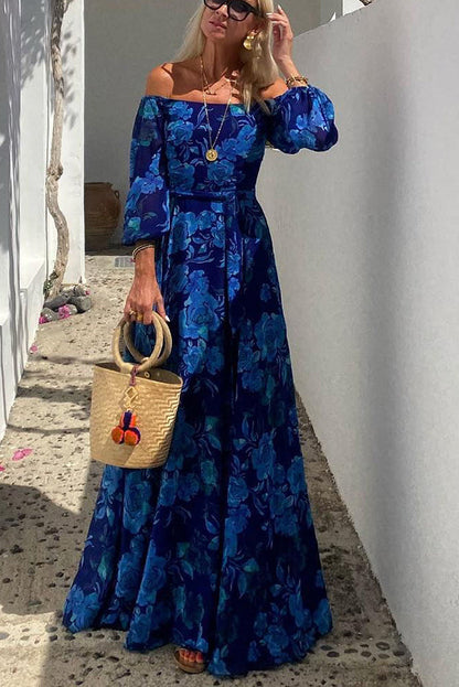 ' One Shoulder Blue Flower Design Off Shoulder Back Smoke Vacation Long Dress