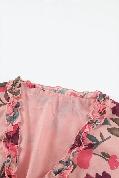 Pastel Red Print Ruffle Trim Plunge Neckline Maxi Dress