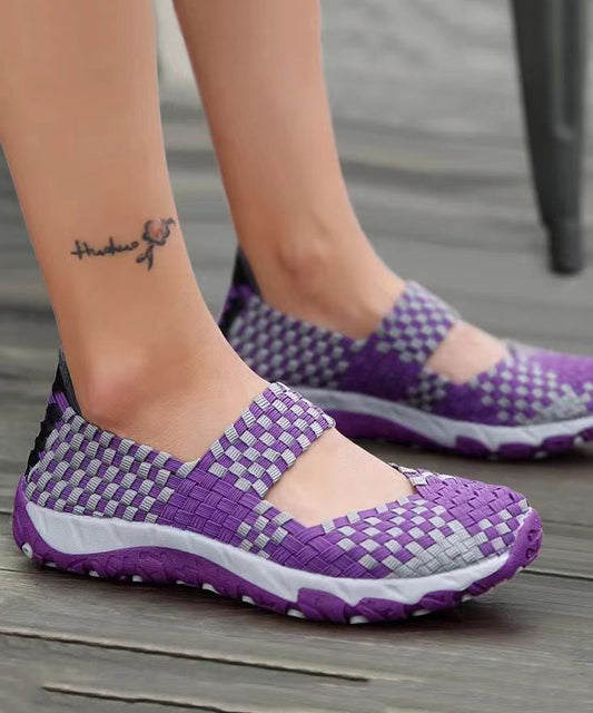 Purple Knit Fabric Handmade Splicing Flat Shoes for