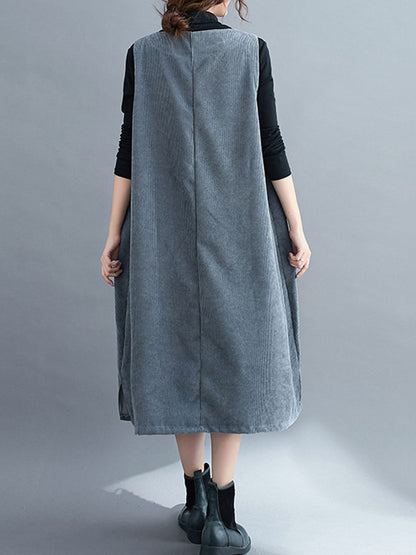 Corduroy Sleeveless Split-joint Round-neck Midi Dress