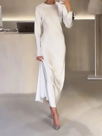A-line High Waisted Color Round-neck Maxi Dresses