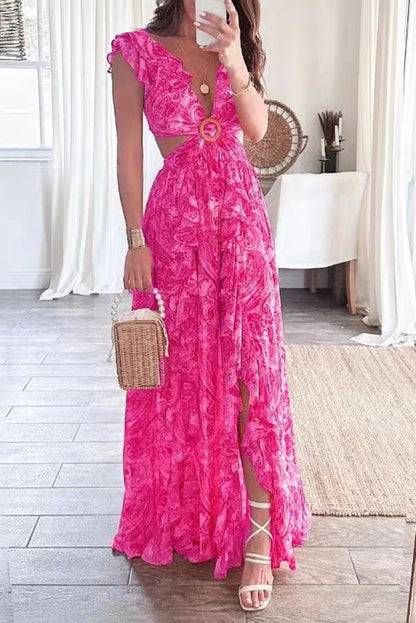 Boldest Bloom Printed Ruffle Sleeve Cutout Maxi Dress
