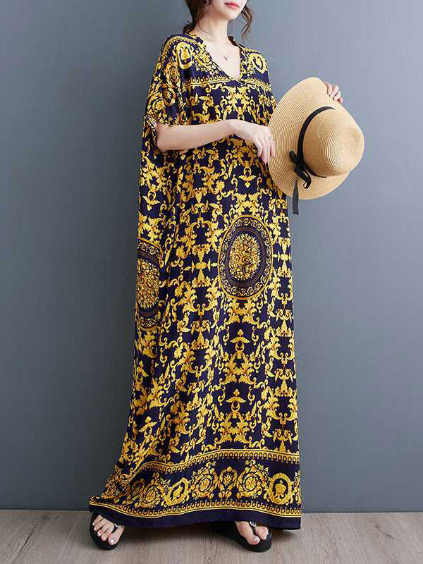 A-line Batwing Sleeves Printed V-neck Maxi Dresses