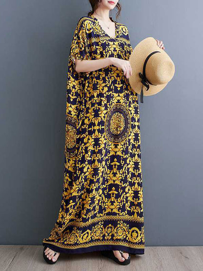 A-line Batwing Sleeves Printed V-neck Maxi Dresses