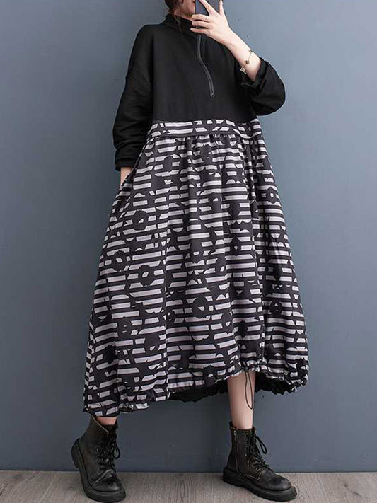 Long Sleeves Loose Drawstring Printed Split-joint Zipper Midi Dresses
