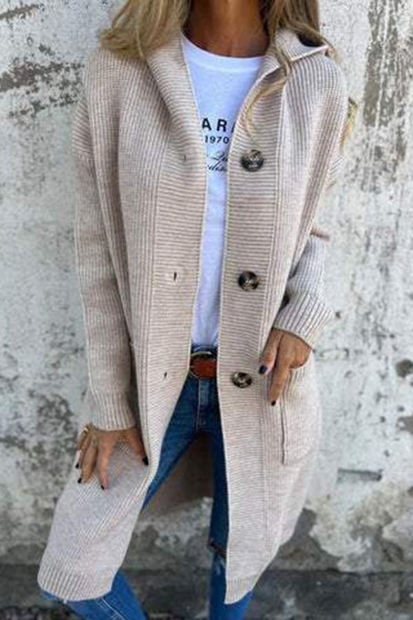 Color Hooded Pocket Mid-length Knitted Cardigan