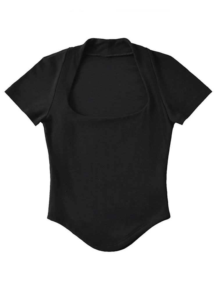 Square Neck Rib Fit Tee Basic Short Sleeve Crop T-shirt