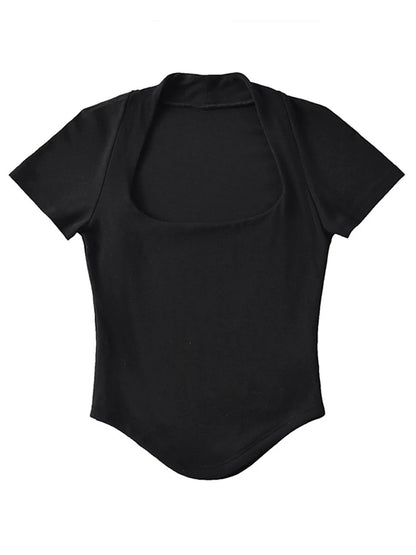 Square Neck Rib Fit Tee Basic Short Sleeve Crop T-shirt