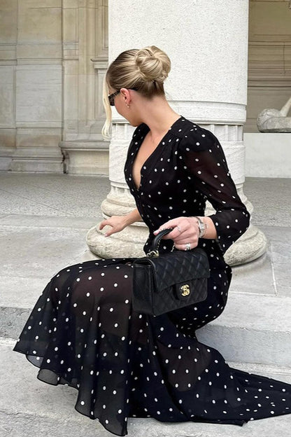 Polka Dot Print V-neck Long Sleeve Maxi Dress