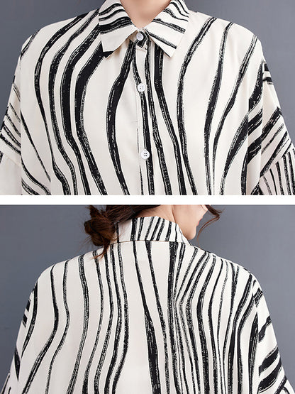 Raglan Sleeve Oversize Zebra-stripe Split-joint Lapel Midi Dresses Shirt Dress