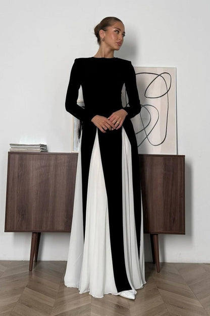 Contrast Color Double-layered Tulle Long-sleeved Maxi Dress