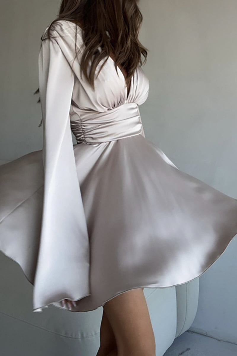 V-neck Bow Snug Long-sleeve Mini Dress