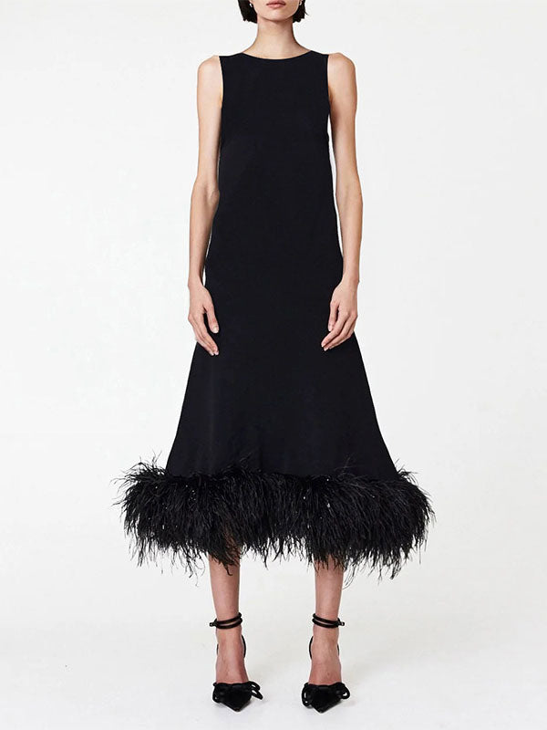 Simple Sleeveless Loose Feathers Color Midi Dresses