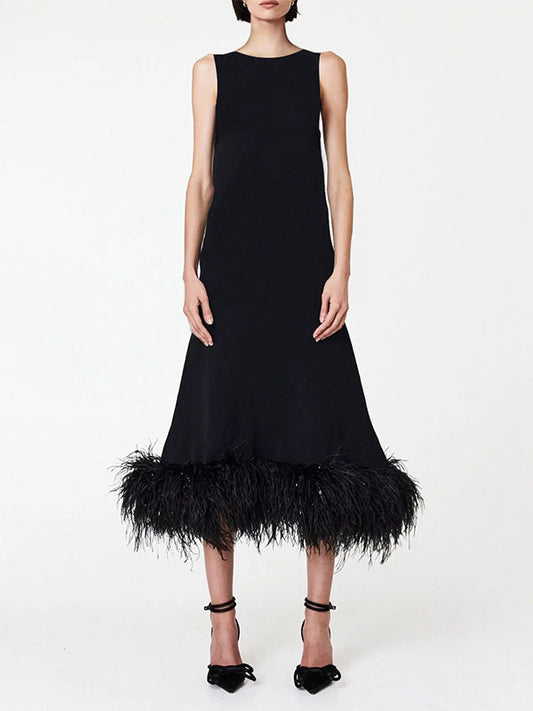 Simple Sleeveless Loose Feathers Color Midi Dresses