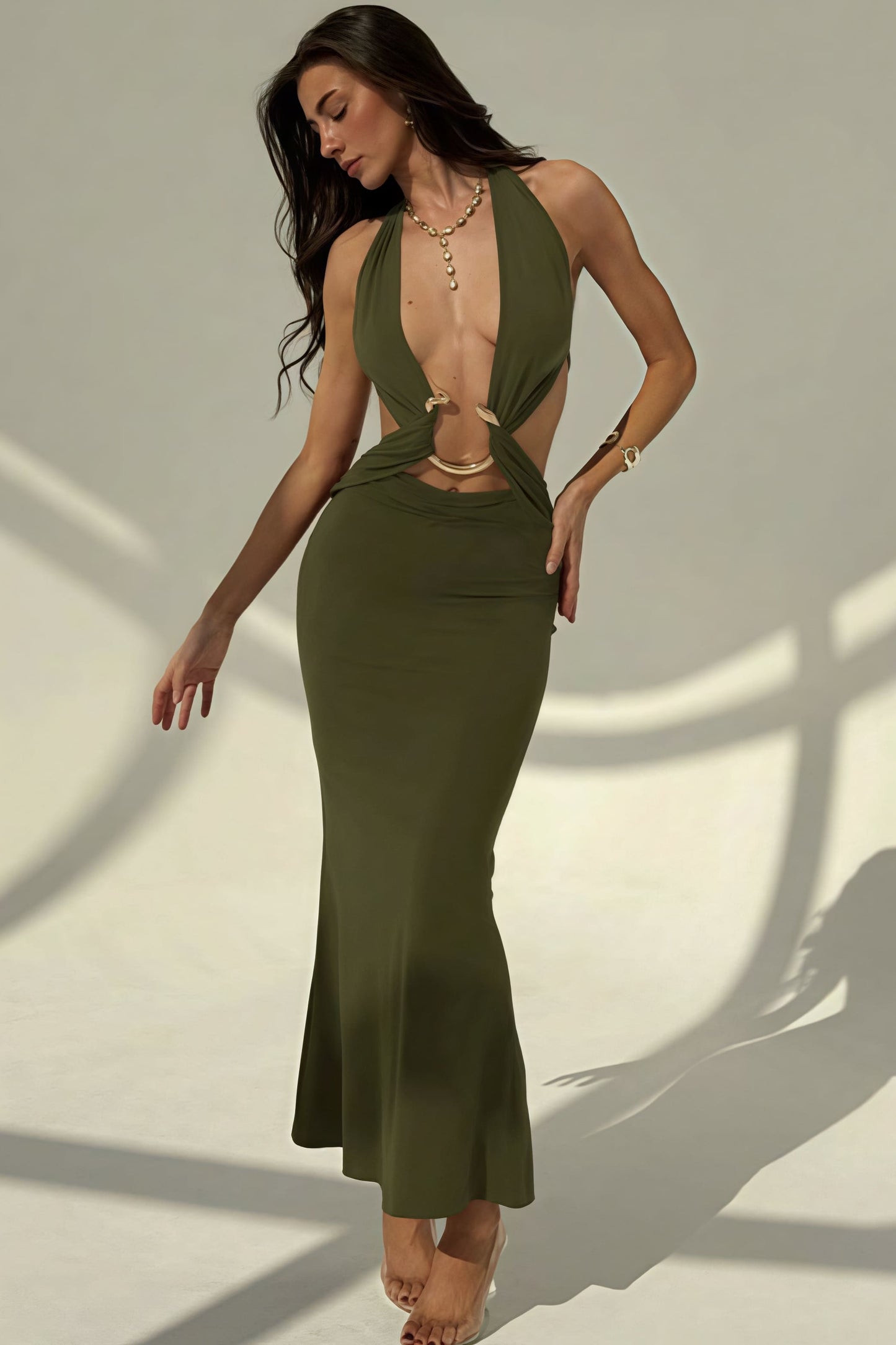 Halter Deep V Neck Backless Metal Maxi Dress
