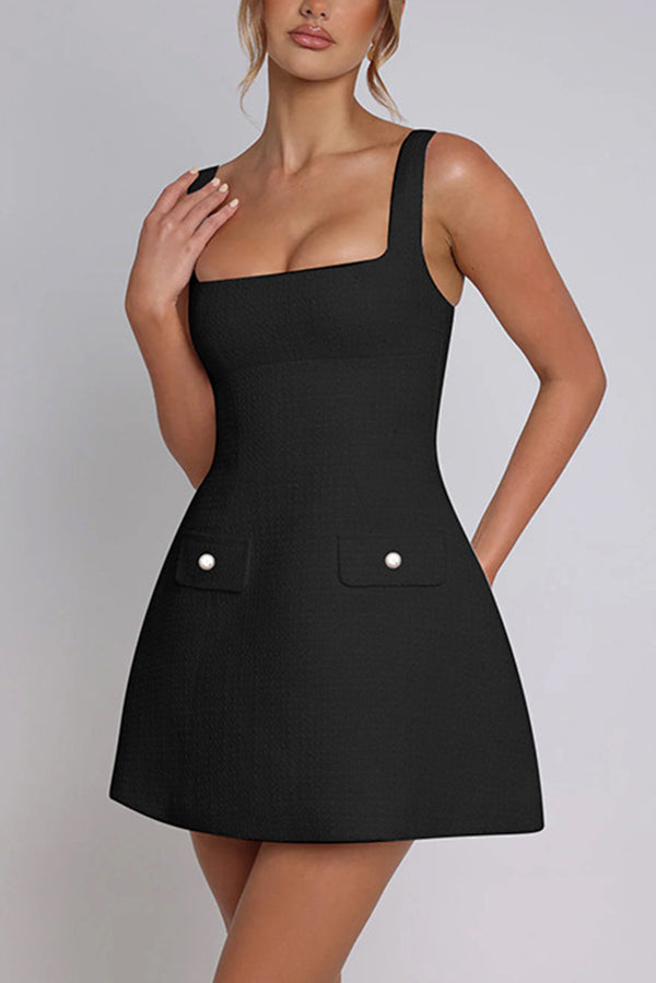 Tweed Square Neck Open Back Slim Pocket Mini Dress