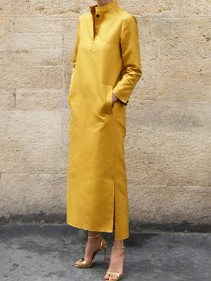 Long Sleeves Loose Color Split-side Stand Collar Midi Dresses