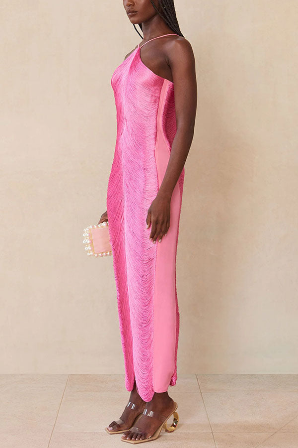 Allnight Metallic Halterneck Backless Fringed Slit Maxi Dress