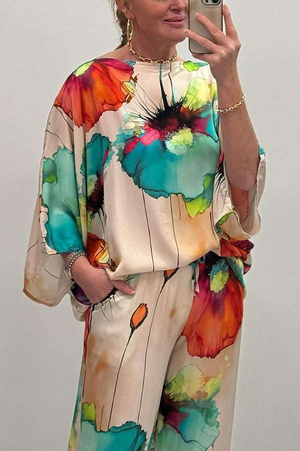 Satin Botanical Print Crew Neck Top and Elastic Waist Loose Pocket Pants Set