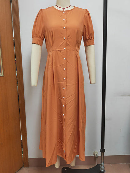 Puff Sleeves Short Sleeves Buttoned Color Round-neck Midi Dresses Shirt Dress