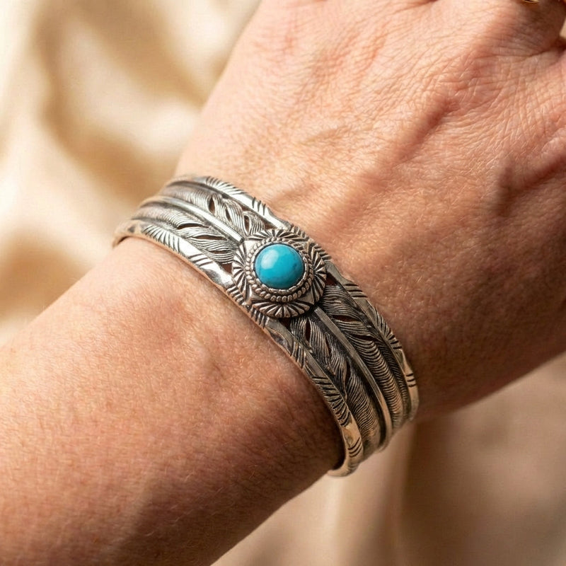 Vintage Turquoise Feather Silver Bracelet