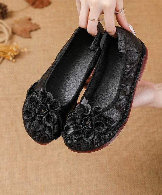Black Cowhide Leather Soft Splicing Flat Shoes for