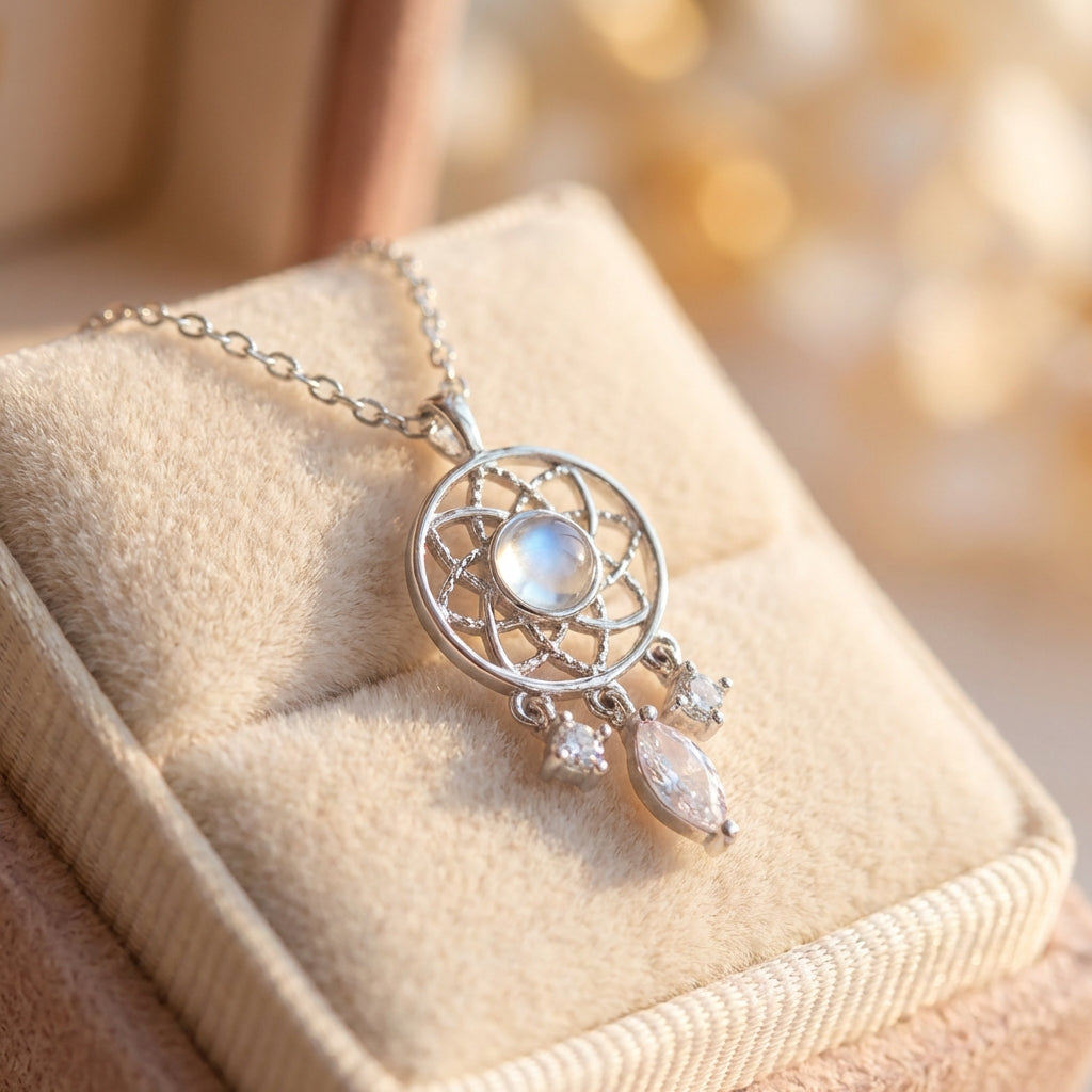 Silver Moon Crystal Dreamcatcher Necklace