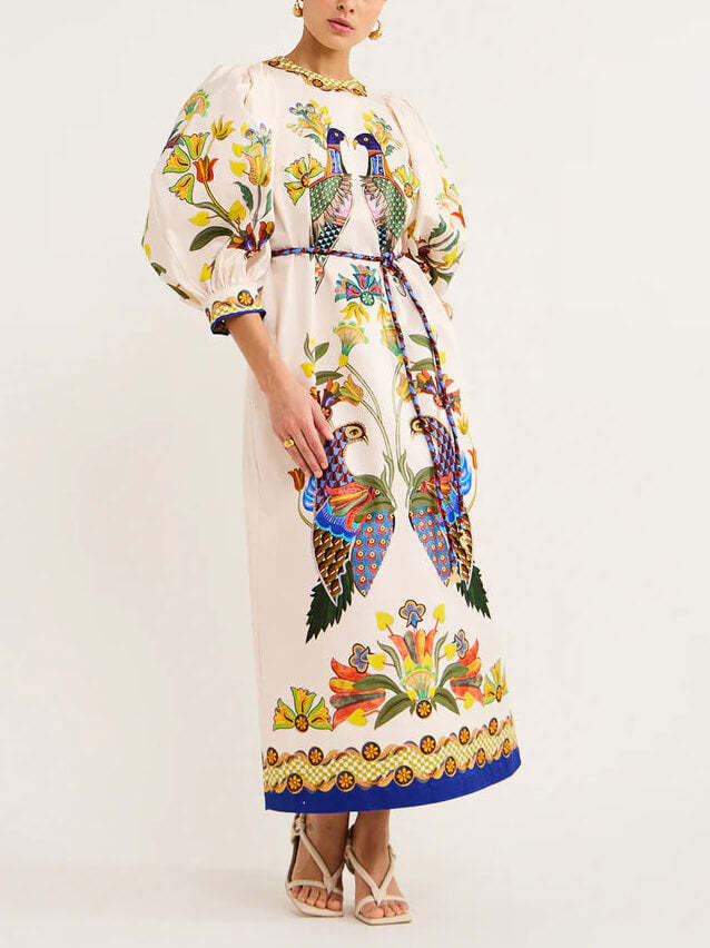 Exquisite and Fun Printed Puff Sleeves Loose Midi Dress