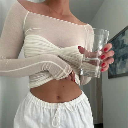 Off Shoulder Knit Sheer Tops for Summer White Lace Twist T-shirt Femme Long Sleeve Mesh Tops See-through Knitted