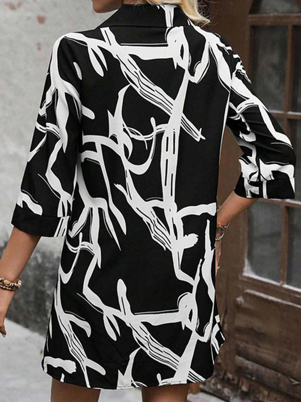 Loose Nine-minute Sleeve Buttoned Printed Lapel Mini Dresses