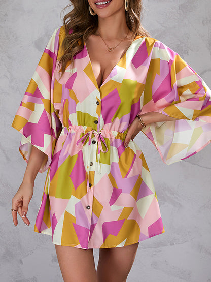 A-line Half Sleeves Buttoned Drawstring Printed V-neck Mini Dresses