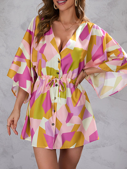 A-line Half Sleeves Buttoned Drawstring Printed V-neck Mini Dresses