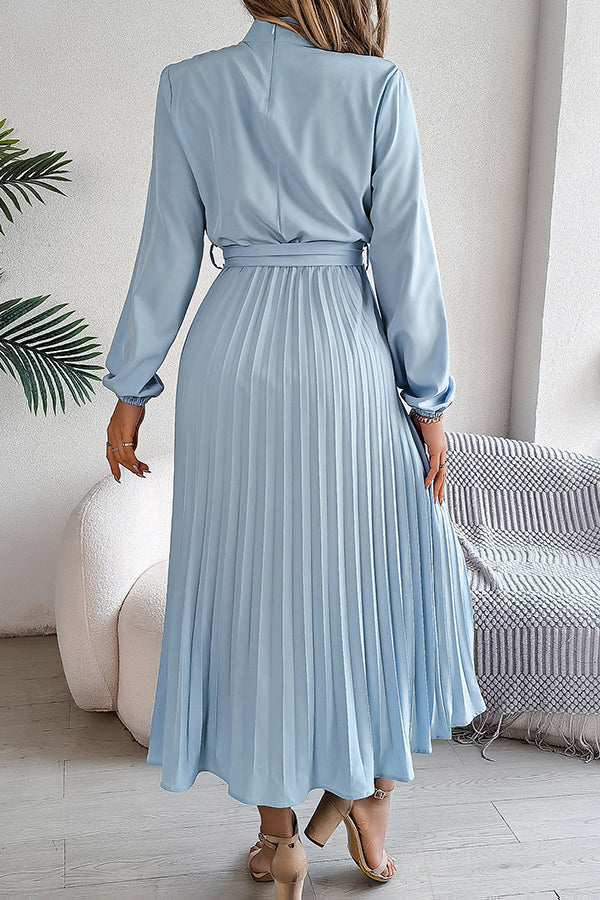 Stand-collar Long-sleeve Waisted Tie-up Pleated Midi Dress