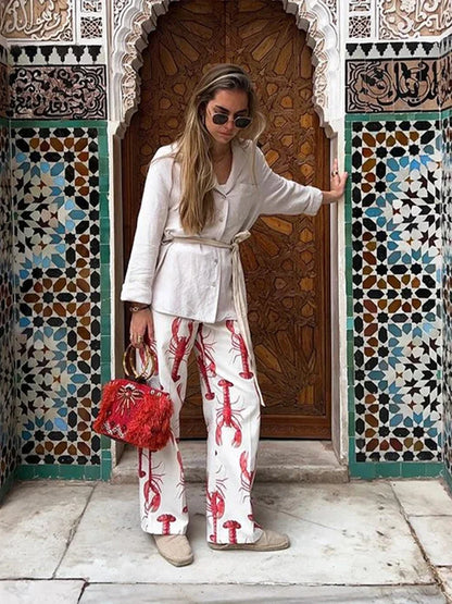 Cartoon Cray Printing Long Pants Set for Summer Short Sleeve Shirt High Waist Wide Leg Pant 2 Piece Sets Lady Outfits