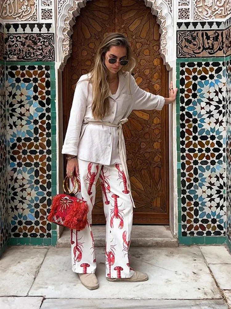 Cartoon Cray Printing Long Pants Set for Summer Short Sleeve Shirt High Waist Wide Leg Pant 2 Piece Sets Lady Outfits