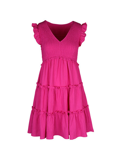 Loose Sleeveless Ruffle Trim Color Split-joint Deep V-neck Mini Dresses