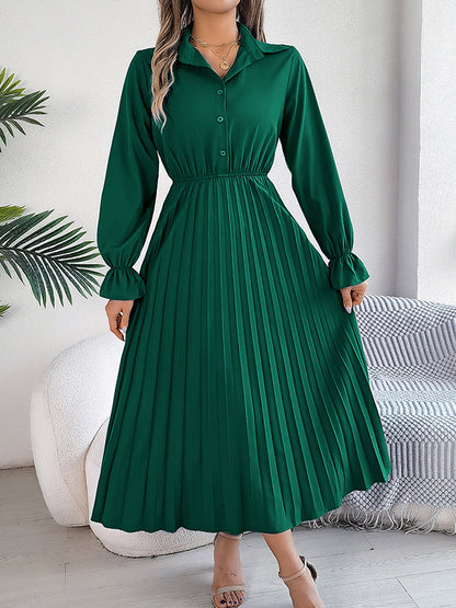 A-line Flared Sleeves Buttoned Elasticity Pleated Color Lapel Maxi Dresses