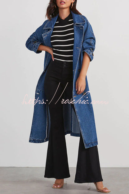 Color Denim Double Pocket Button Down Midi Trench Coat