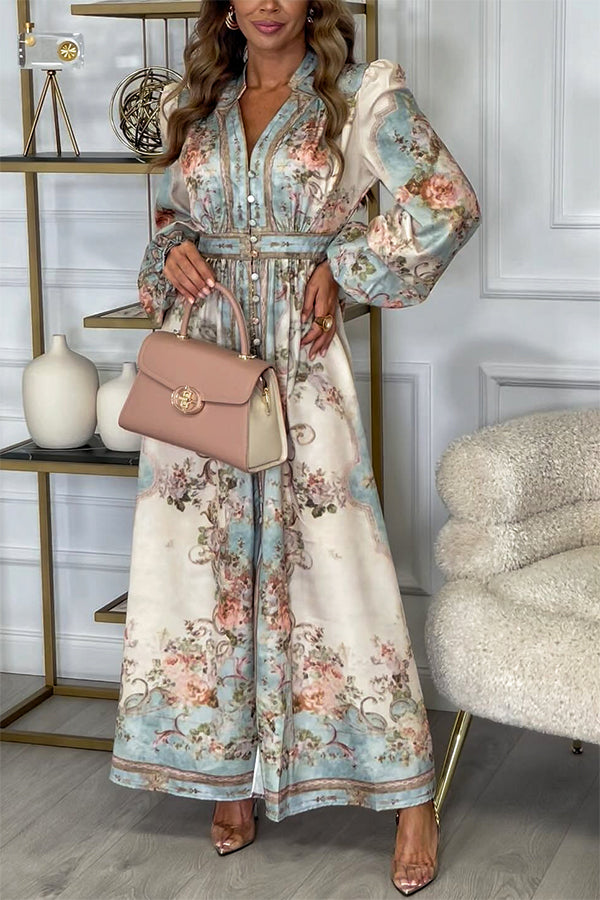 Fresh Pickings Print Balloon Sleeve Button Up Maxi Dress